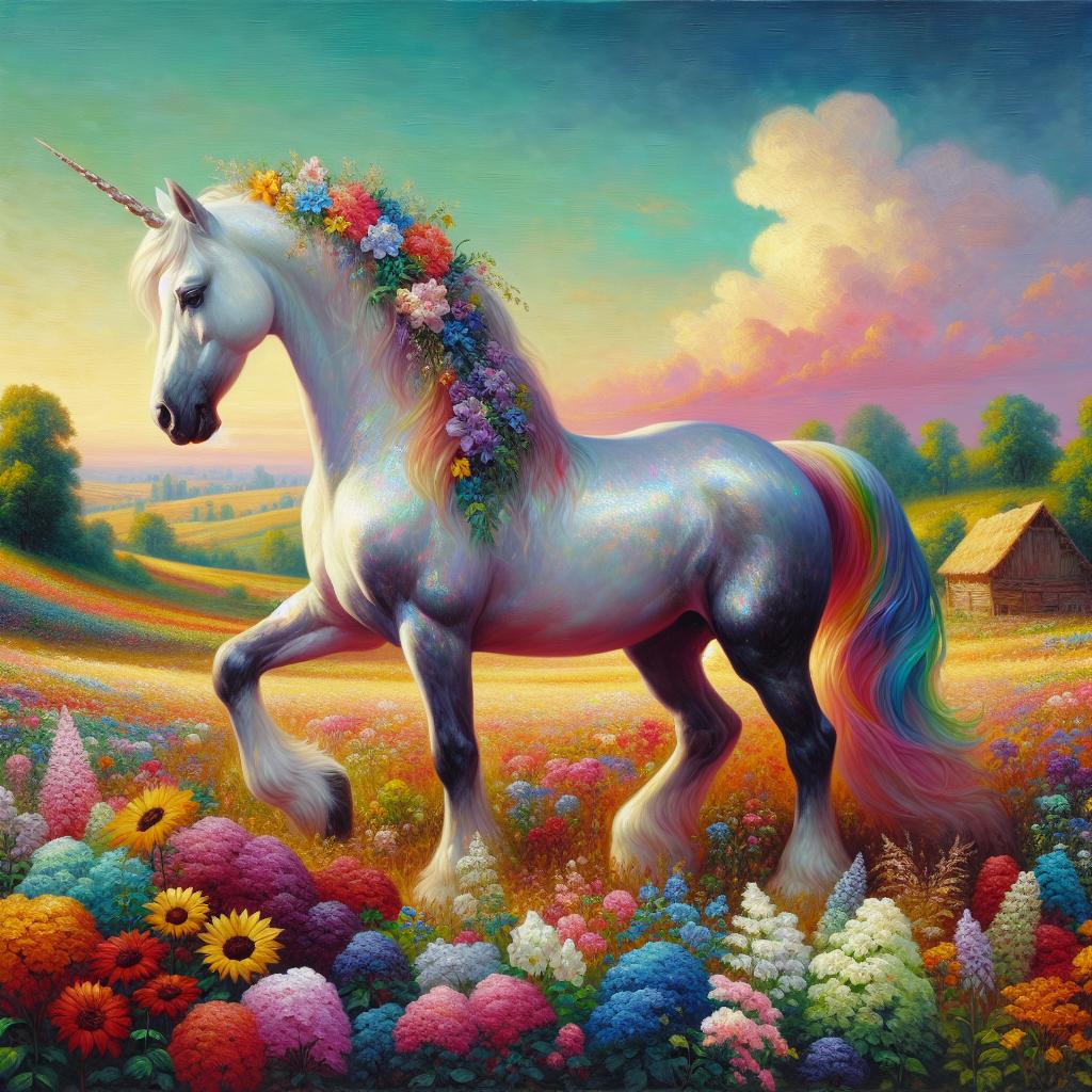 Image of A beautiful unicorn with a shimmering coat in a vibrant field filled with colorful flowers and meadows.