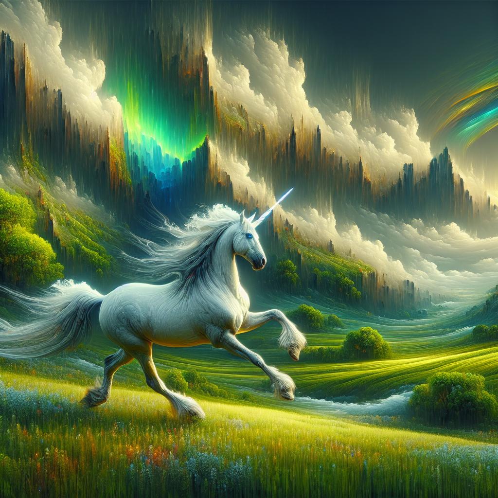 Image of The unicorn gracefully trotting through lush green meadows, spreading magic and joy with every step.