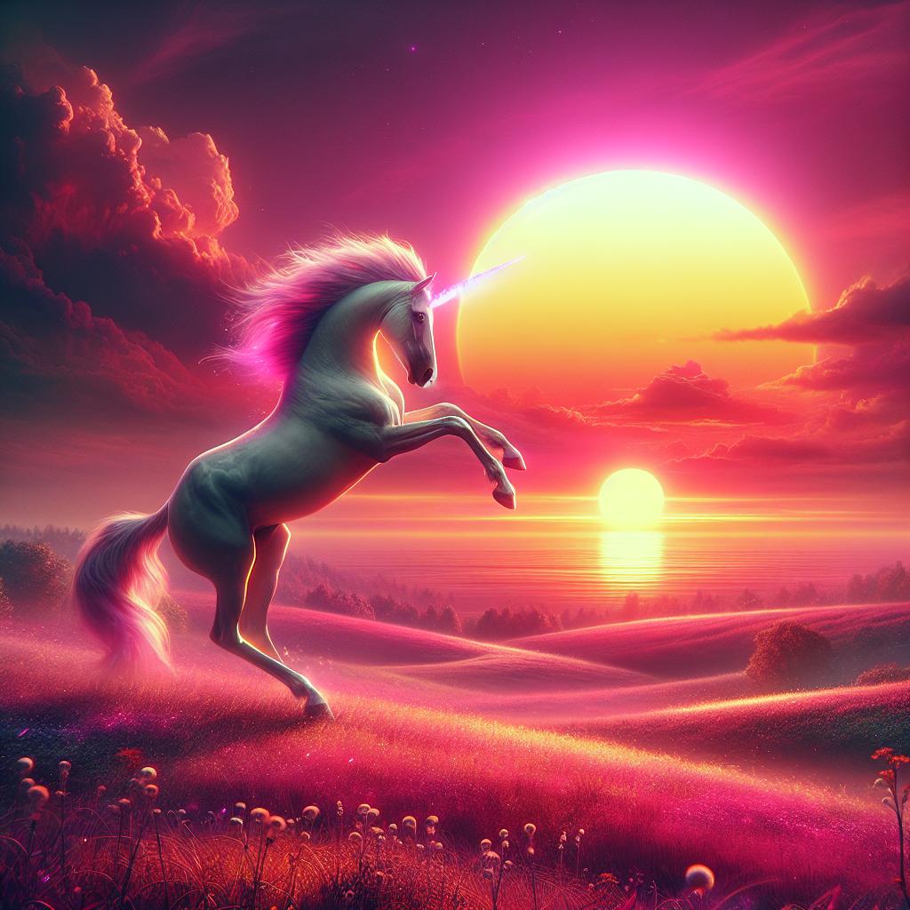 Image of A majestic unicorn dancing under the pink and gold sky as the sun sets in the background.