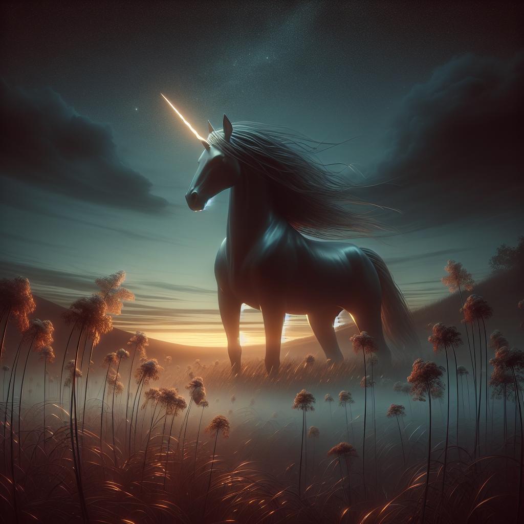 Image of The unicorn's horn gleaming in the twilight, surrounded by swaying flowers and a gentle breeze.