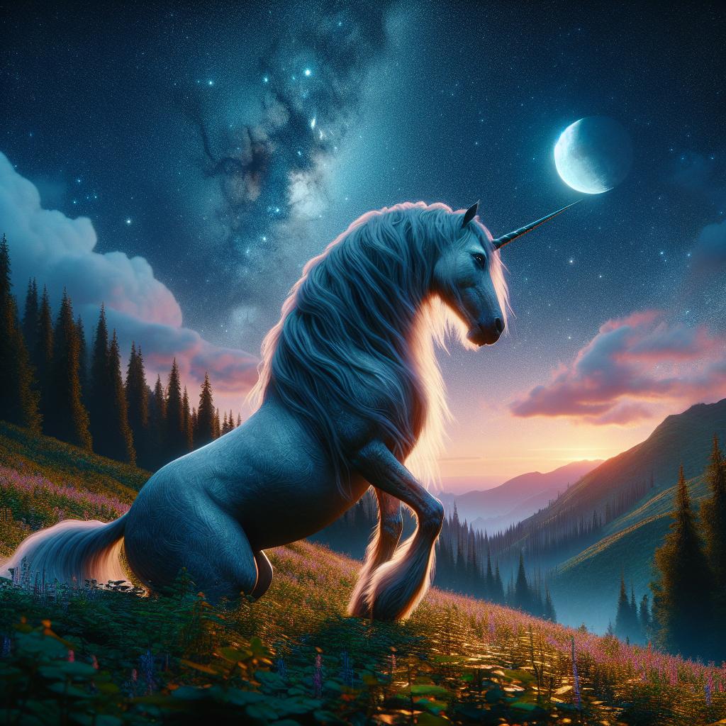 Image of The unicorn bowing gracefully to the moon and stars, ready to drift into a peaceful slumber under the starlit sky.