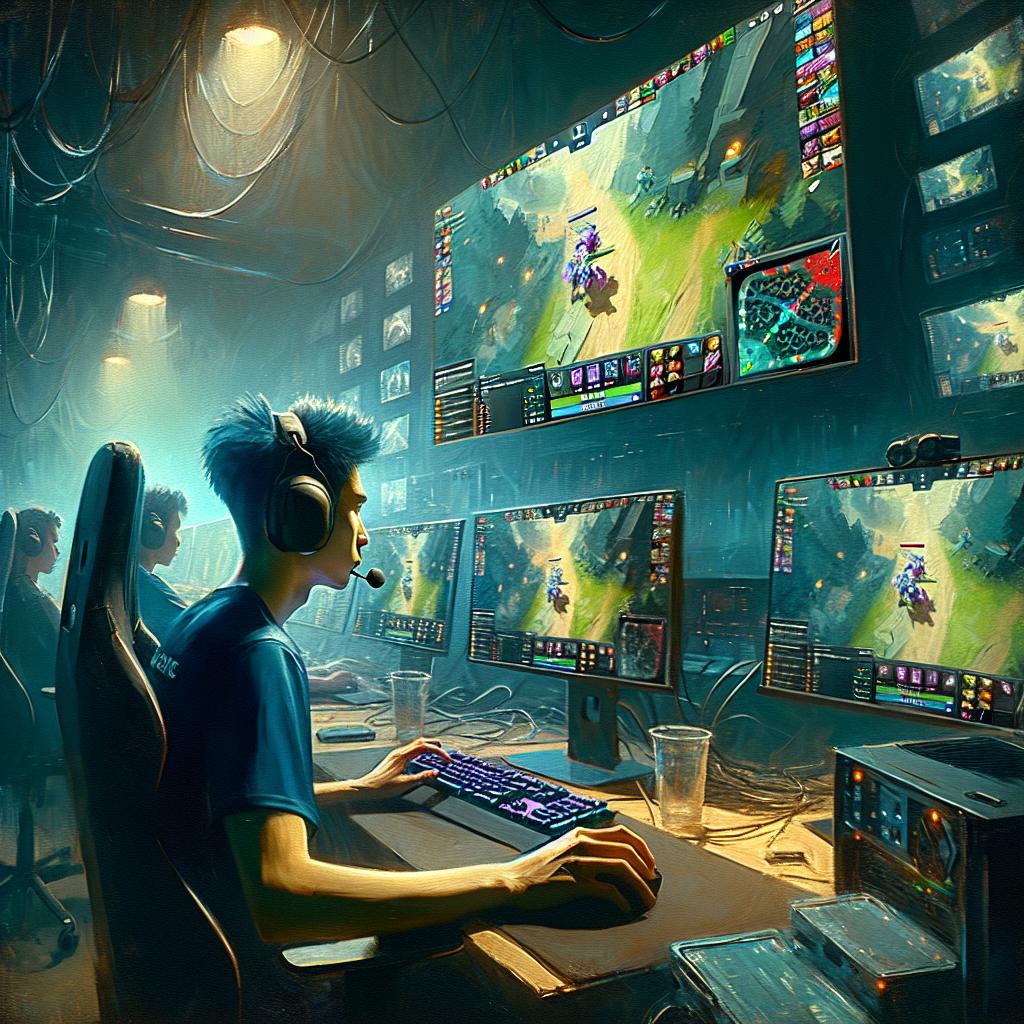 Image of An E-Sports pro player sitting in front of a computer screen intensely focused on a game of Dota.