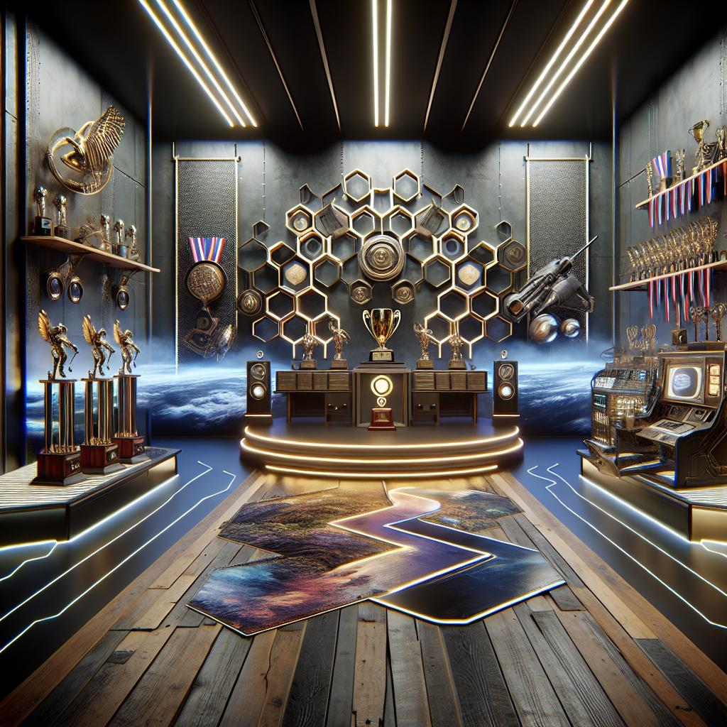 Image of A room filled with gaming trophies and medals, reflecting the success of the E-Sports champion.