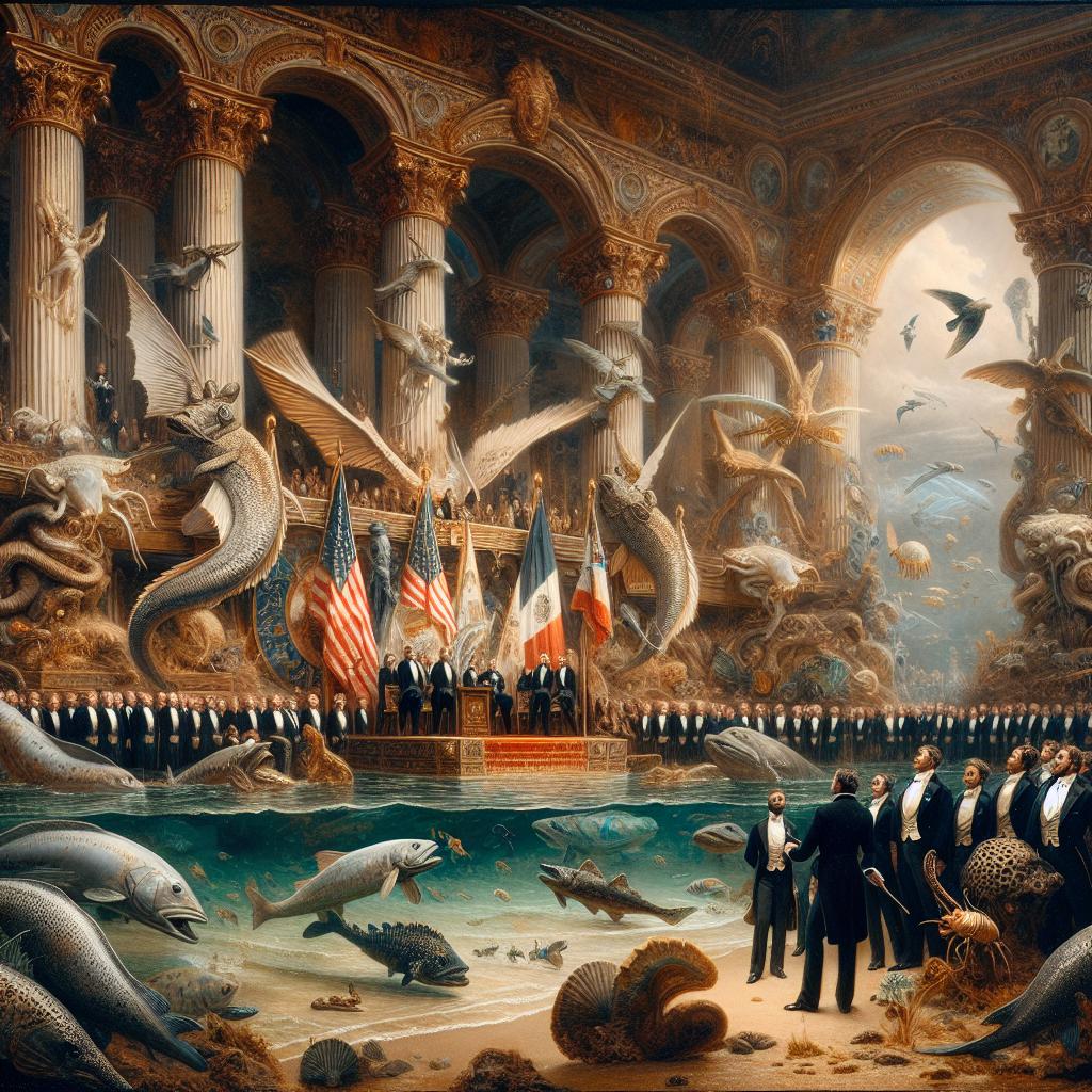 Image of Finley's grand presidential inauguration attended by creatures from all corners of the oceans, declaring underwater habitats protected sanctuaries.