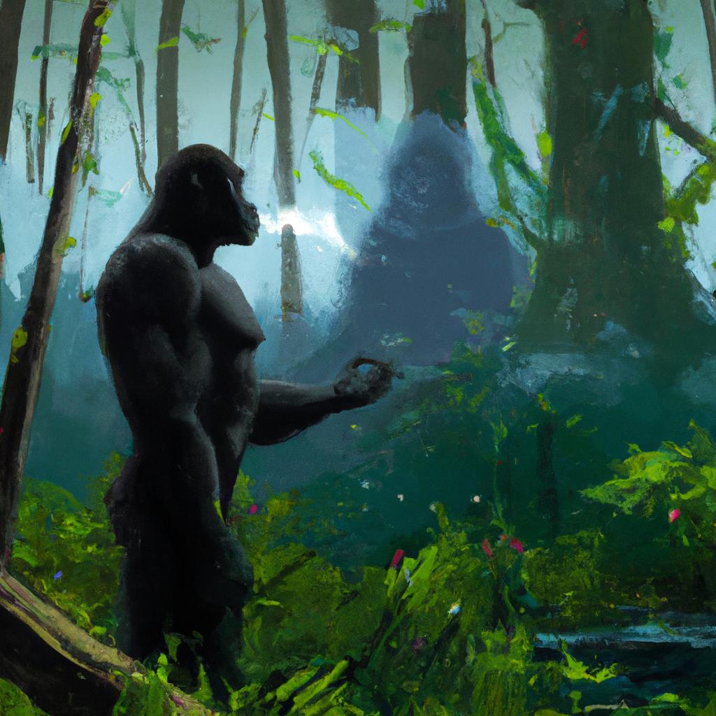 Image of A male gorilla named Garry in a dense jungle undergoing a magical transformation into a human.