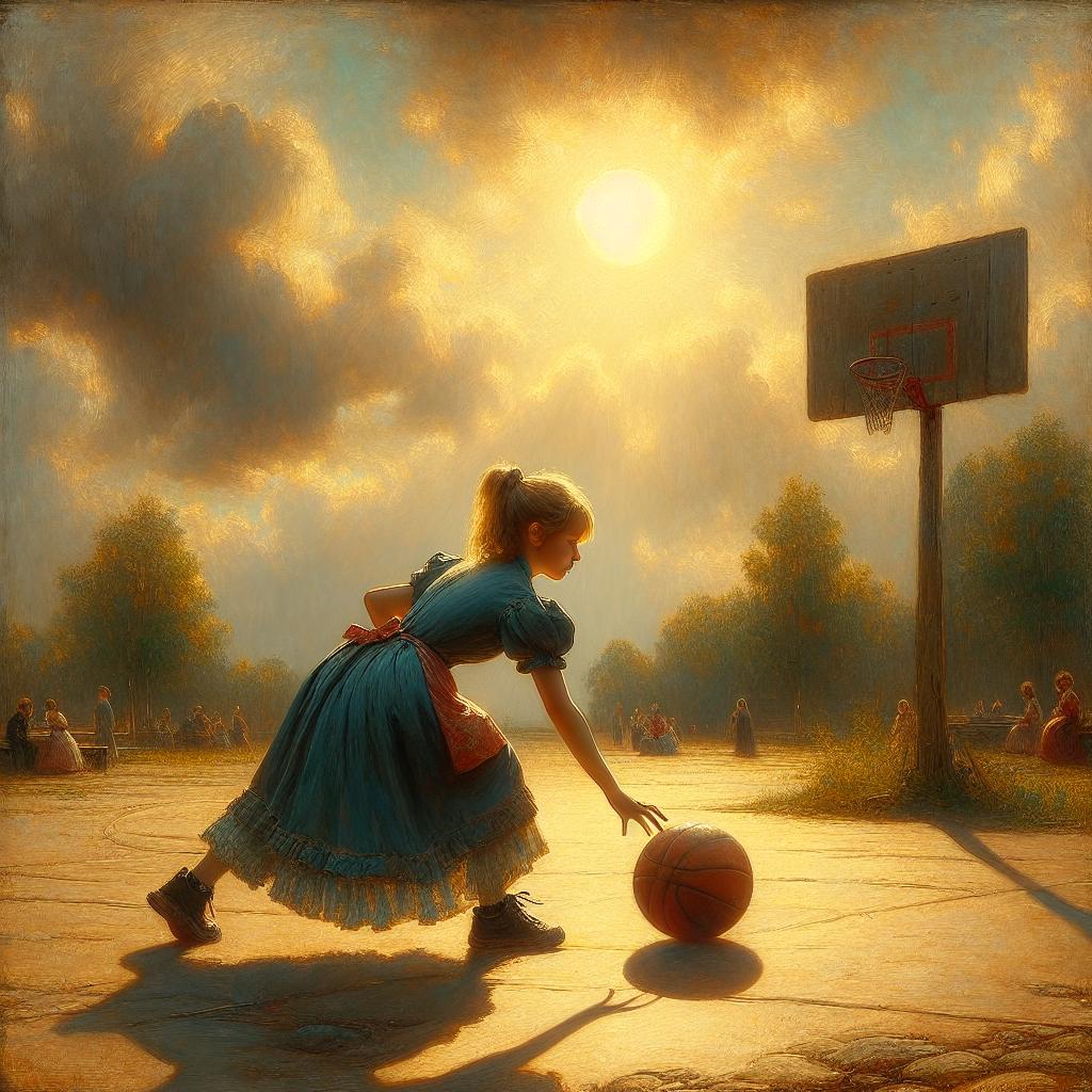 Image of A young girl playing basketball in a park in Orville County, practicing her dribbling skills under the shining sun.