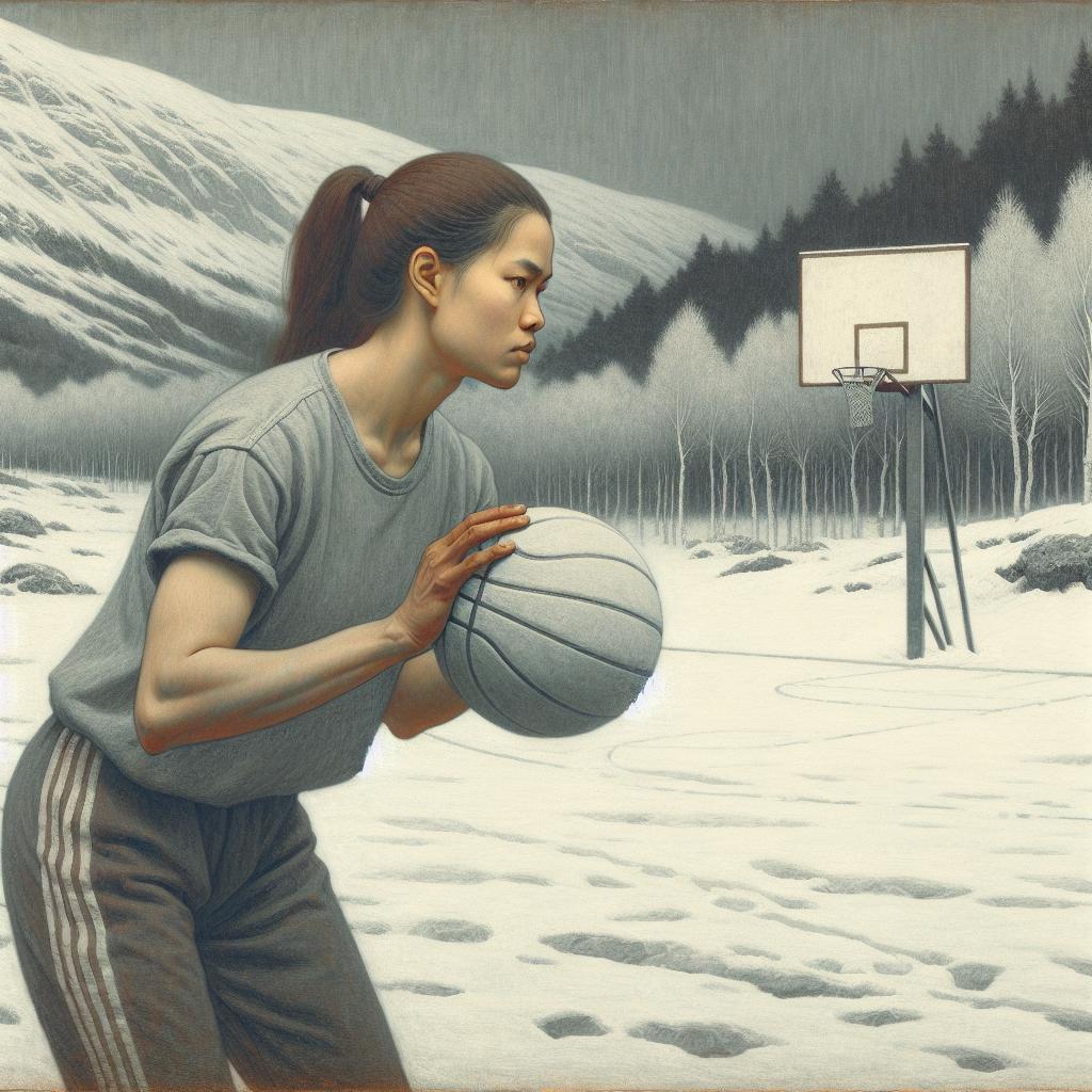 Image of A determined college athlete in a basketball court, focused on perfecting her shooting form with a basketball hoop in the background.