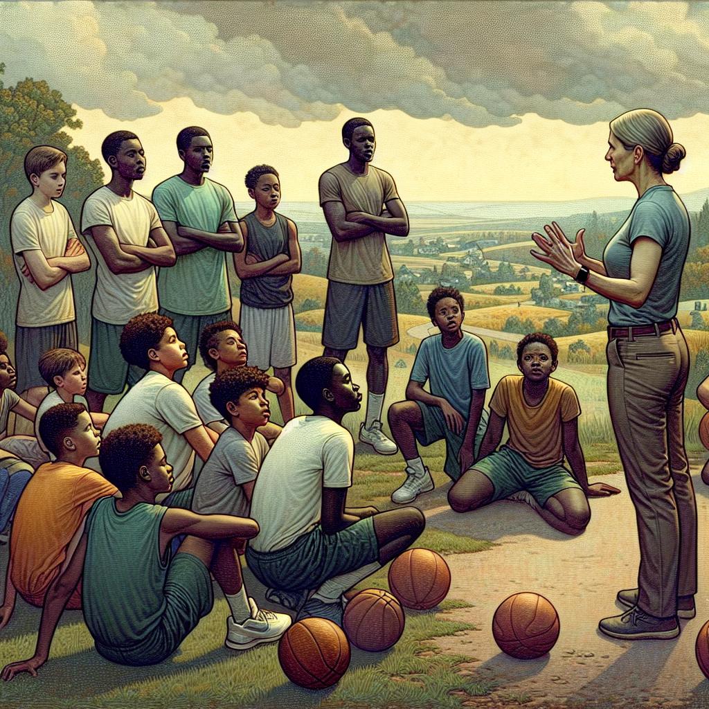 Image of A group of diverse young players in Orville County, listening attentively to Coach Mia's instructions on the basketball court.