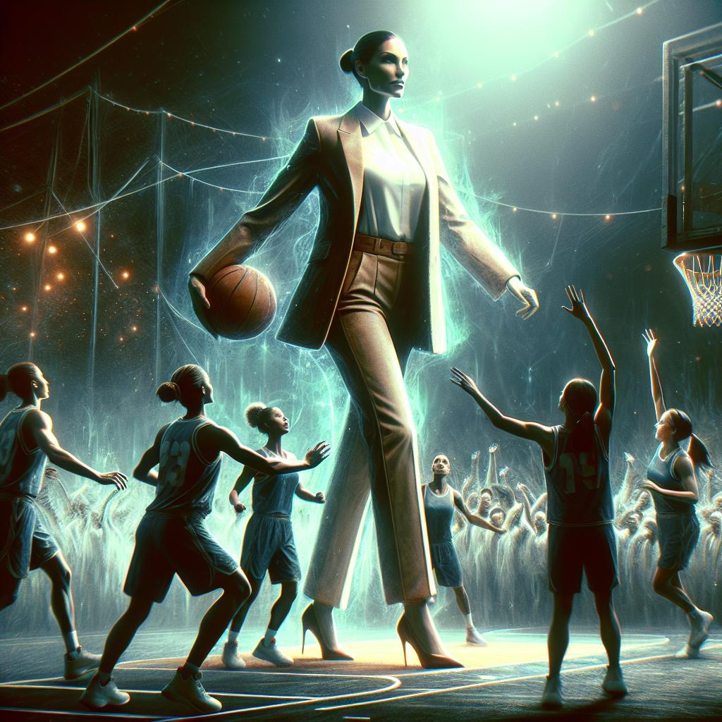 Image of Coach Mia standing tall in a basketball court, surrounded by enthusiastic players and fans, a symbol of leadership and inspiration.