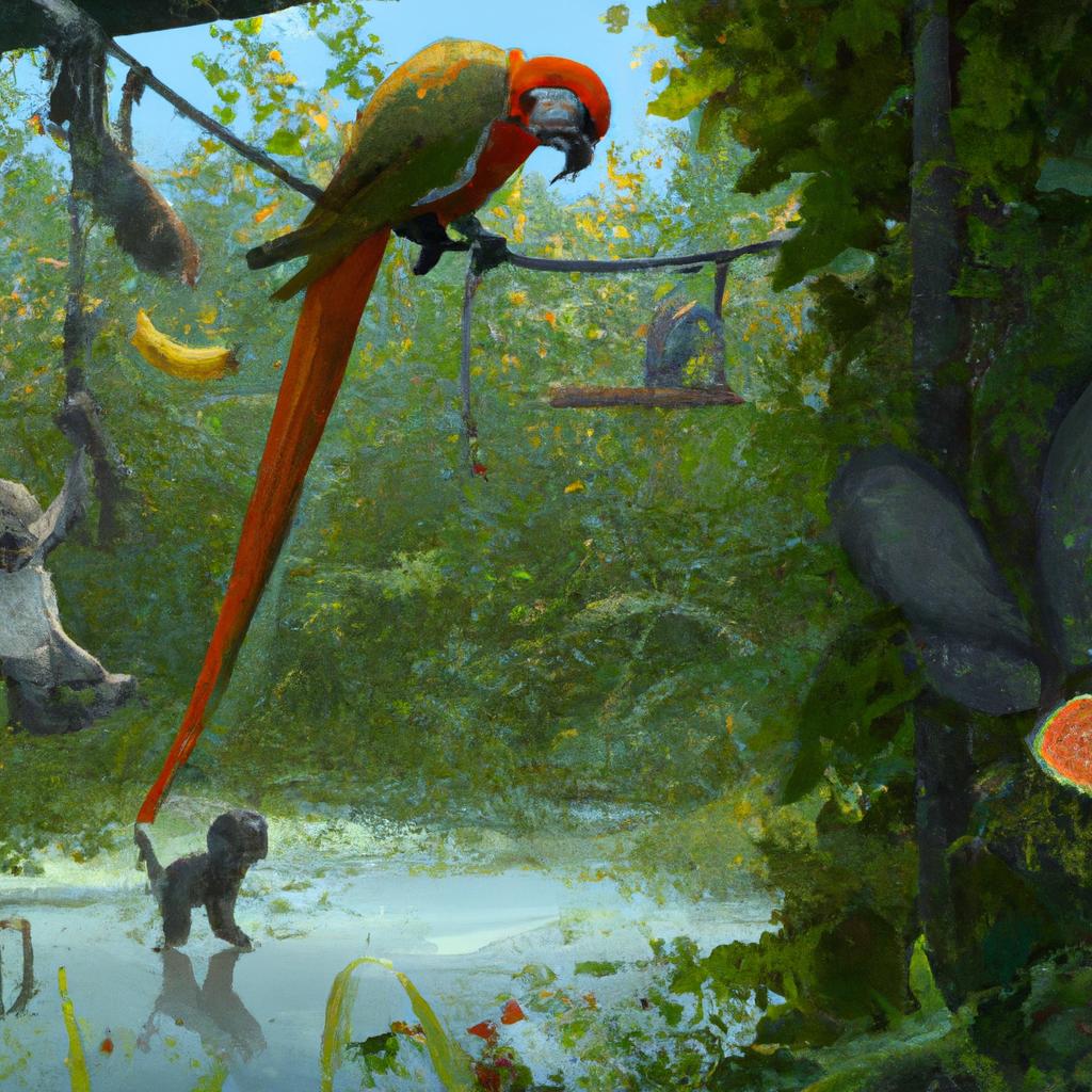 Image of A playful monkey named Mango swinging from tree to tree in the lush rainforest, chatting with an intelligent parrot named Pico and a diligent ant named Adam.