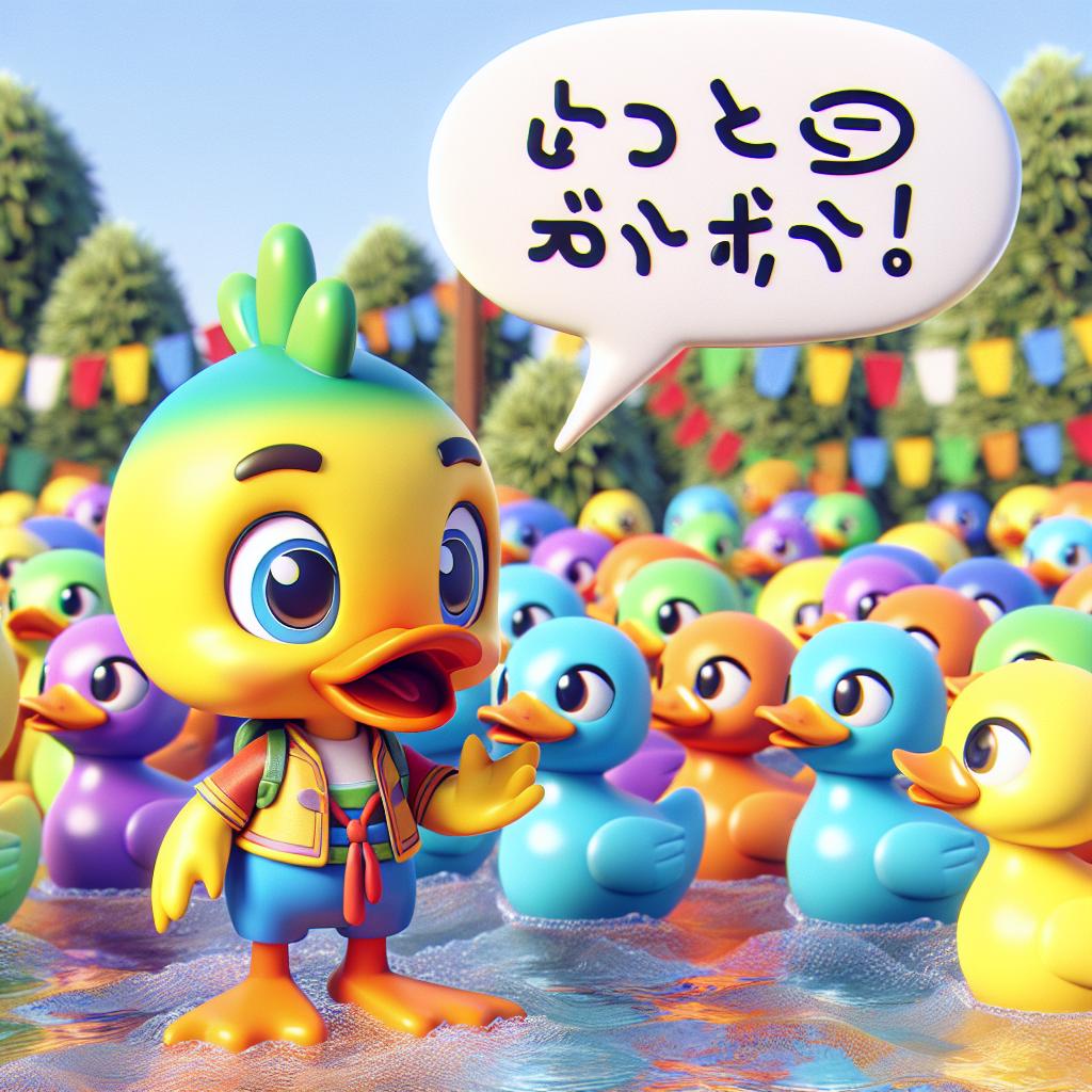 Image of A duck named Diego happily quacking in Spanish, teaching other ducks nearby.