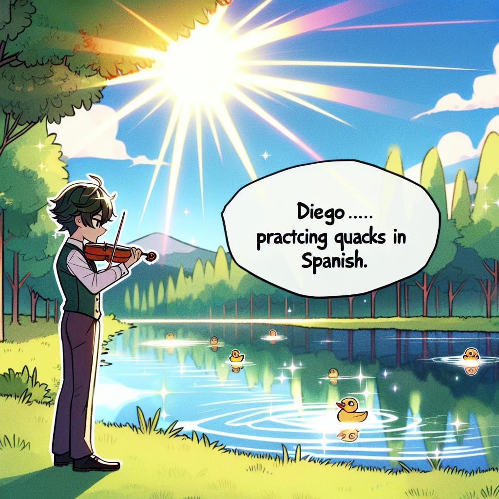 Image of Diego by the shimmering pond under the bright sun, practicing his Spanish quacks.