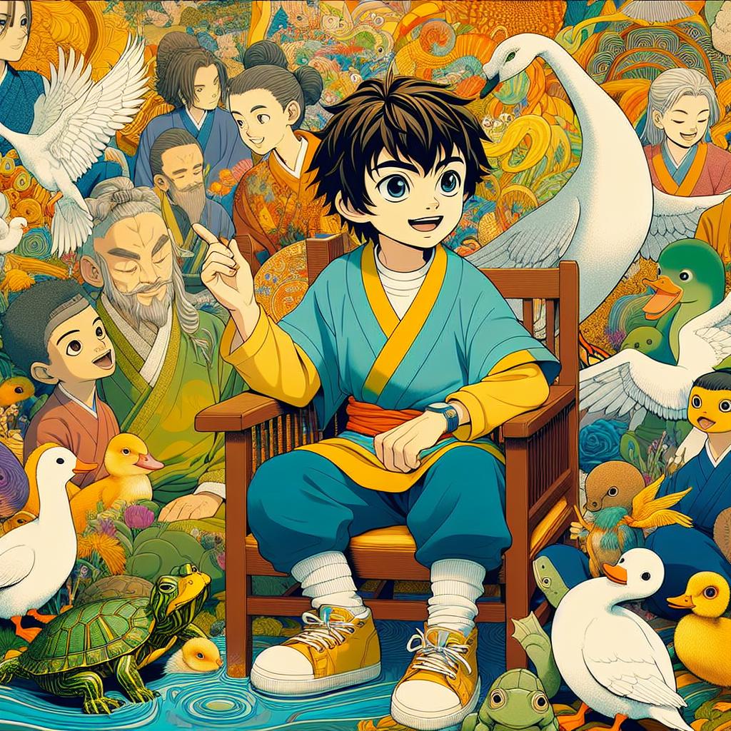 Image of Diego surrounded by a group of ducks, frogs, and turtles, all learning Spanish together.