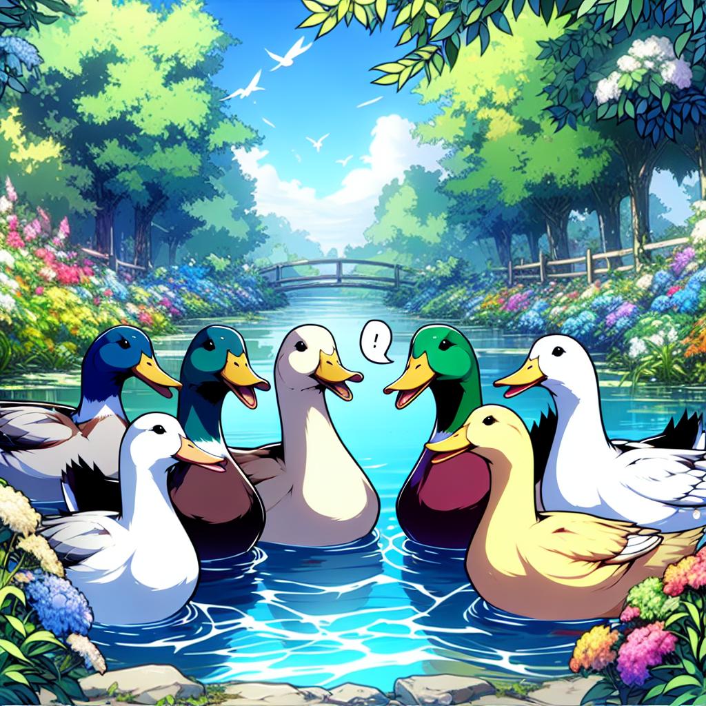 Image of The ducks in the pond quacking in Spanish, showing their gratitude and friendship to each other.