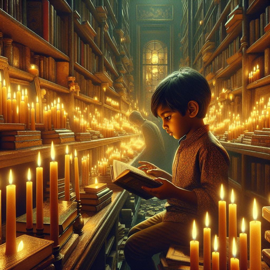 Image of A curious child reading books in a candle shop, watching flames dance.