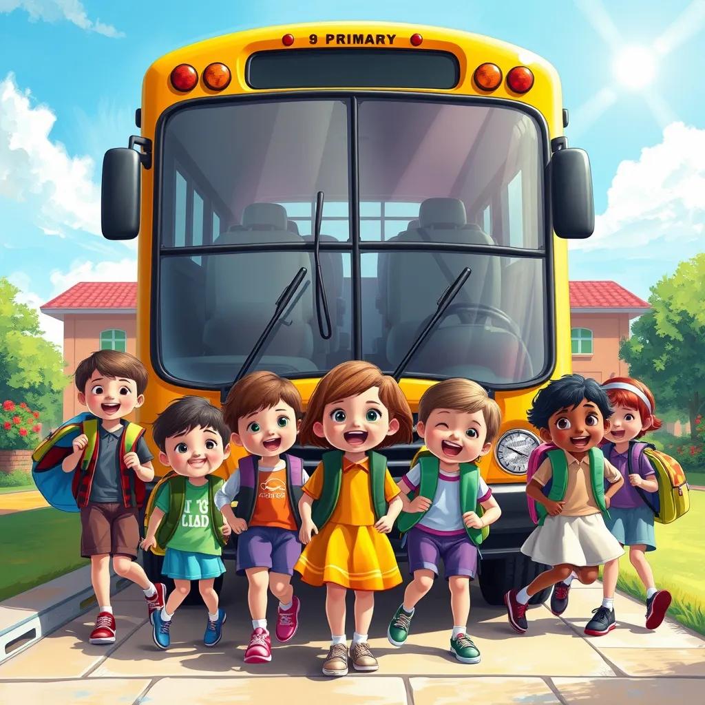 Image of A bright sunny day with a big yellow bus in front of a school, pre-primary students of different backgrounds excitedly boarding the bus with smiling faces, colorful backpacks, digital art, child-friendly, vibrant colors