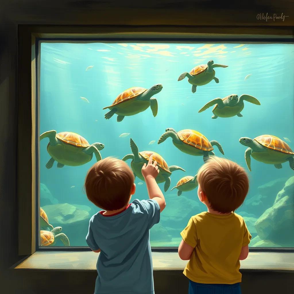 Image of Children looking at a turtle enclosure with big glass windows, colorful turtles swimming gracefully, children pointing and watching, awe on their faces, digital art, lively aquarium scene