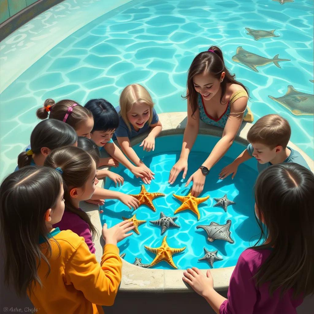 Image of Students gathered around a touch pool, their hands gently touching sea stars and rays, bright blue water, teacher guiding them, expressions of wonder and laughter, digital art, educational atmosphere