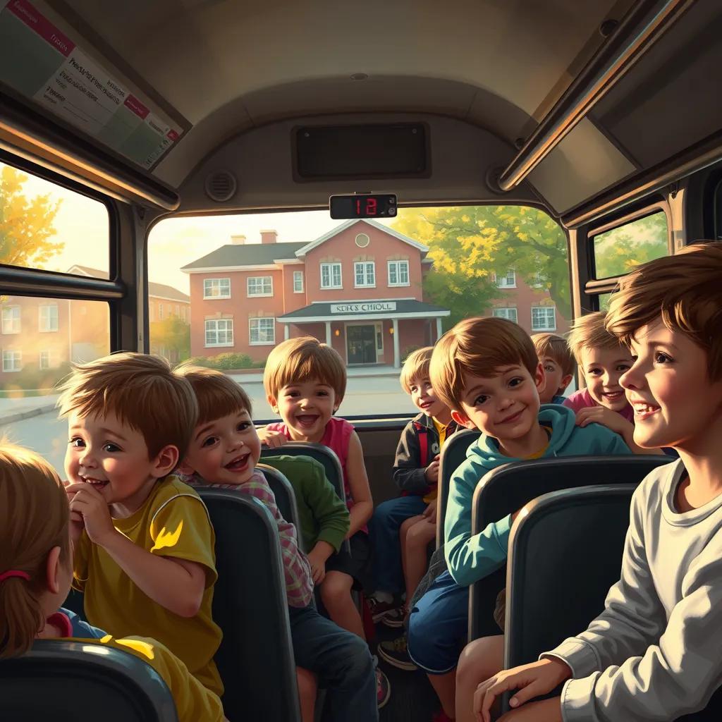 Image of Children sitting on the bus heading back, some playing and laughing, others looking out the window tired but happy, school in the background, digital art, warm evening light