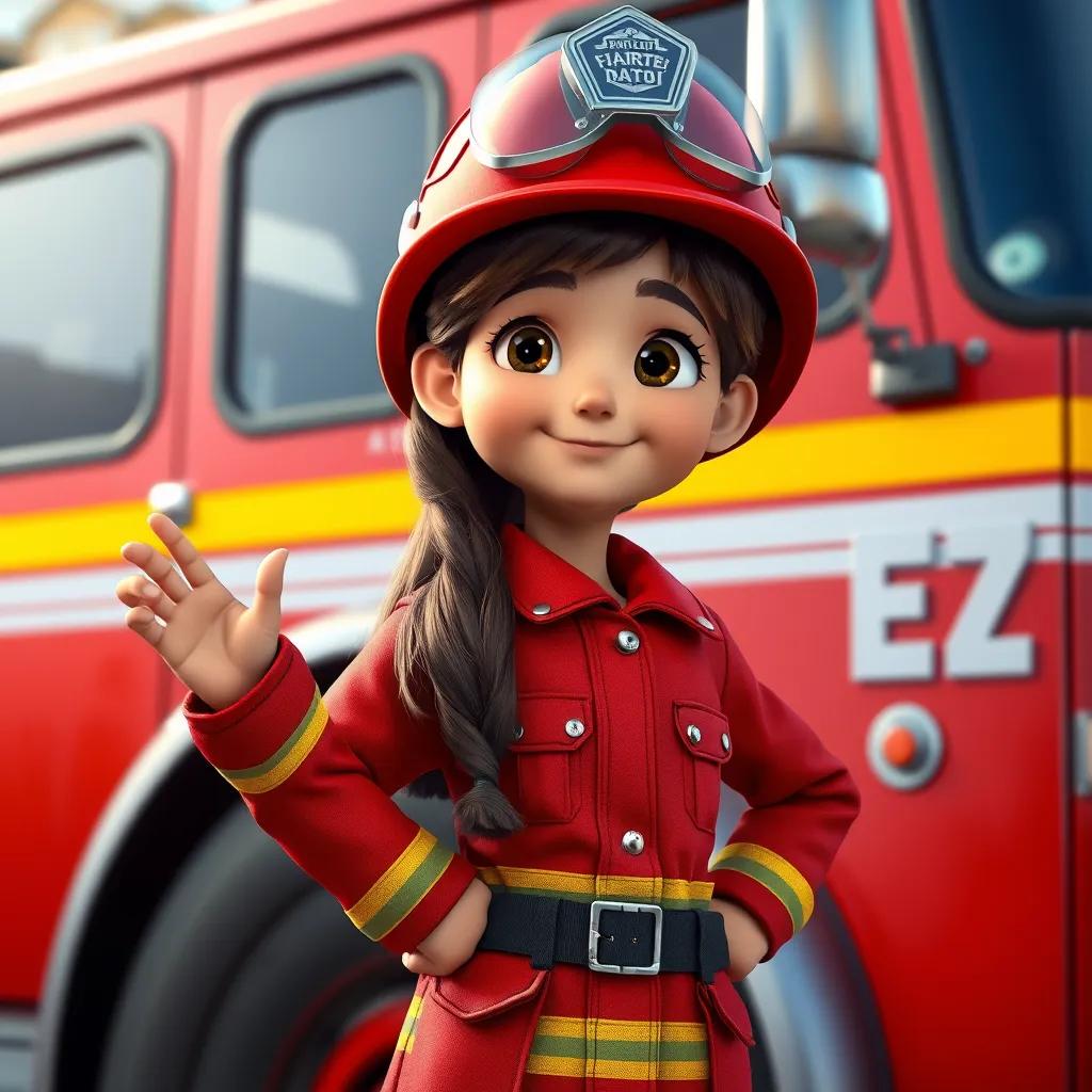 Image of A young girl, Mia, with long brown hair, wearing a bright red fireman uniform and a shiny helmet, bravely standing beside a fire truck, digital art, vibrant colors, empowering atmosphere, cheerful perspective, high quality