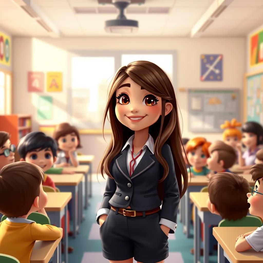 Image of A young girl, Mia, with long brown hair, in a smart outfit, standing in a colorful classroom with happy children around her, teaching with joy, digital painting, warm colors, inviting atmosphere, uplifting view, high quality