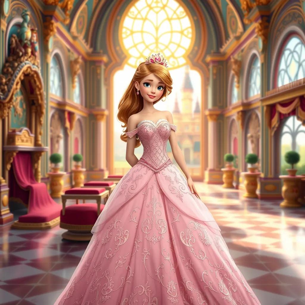 Image of A beautiful princess named Gabriella, wearing a sparkling gown, stands in her magnificent palace. The palace has colorful decorations and a view of the charming capital outside. Digital art, hyperrealistic, fantasy, detailed, bright colors, soft lighting.