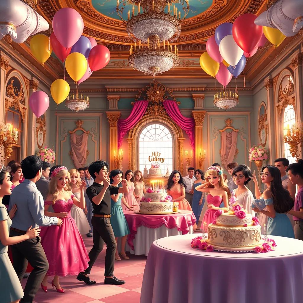 Image of The palace decorated with balloons and flowers for Gabriella's birthday party. People are dancing, and there is a big cake on a table. The atmosphere is festive with lots of smiling faces. Digital art, hyperrealistic, bright colors, lively scene, celebration.