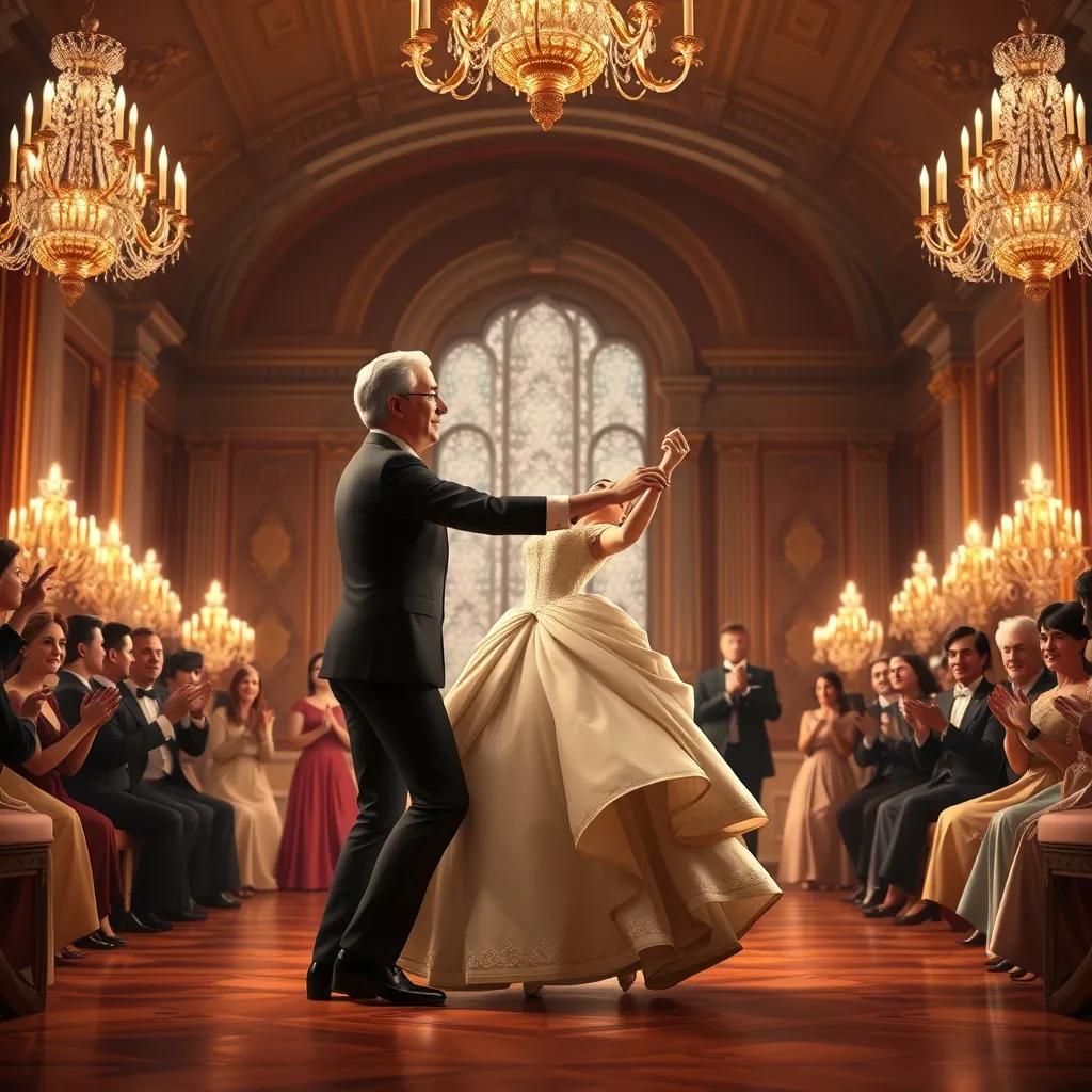 Image of Princess Gabriella dancing with her father in a grand hall. They are joyful, surrounded by guests who are clapping and cheering. The hall is beautifully lit with chandeliers. Digital art, hyperrealistic, warm colors, elegant.