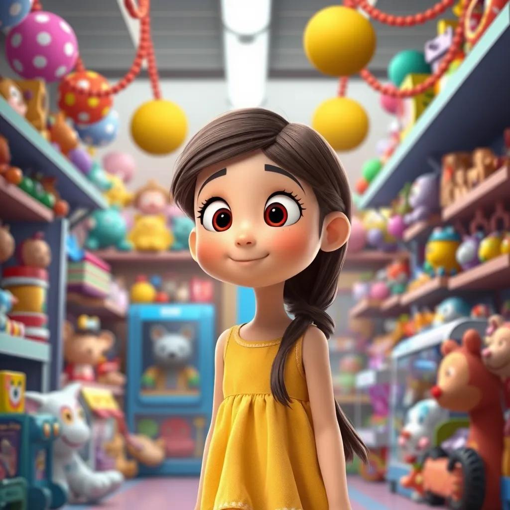 Image of Lily, an eight-year-old girl with long brown hair wearing a yellow dress, standing in front of a bright toy store filled with toys and colorful decorations, looking excited, digital illustration, playful, lively atmosphere, high quality, mid-range