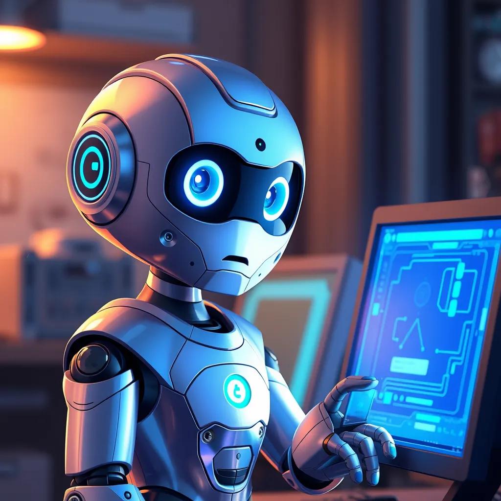 Image of A friendly robot, AI Buddy, with bright blue eyes and a shiny silver body, standing next to Sam, both looking at a glowing computer screen, detailed illustration, vibrant colors, technology-themed, inspiring scene