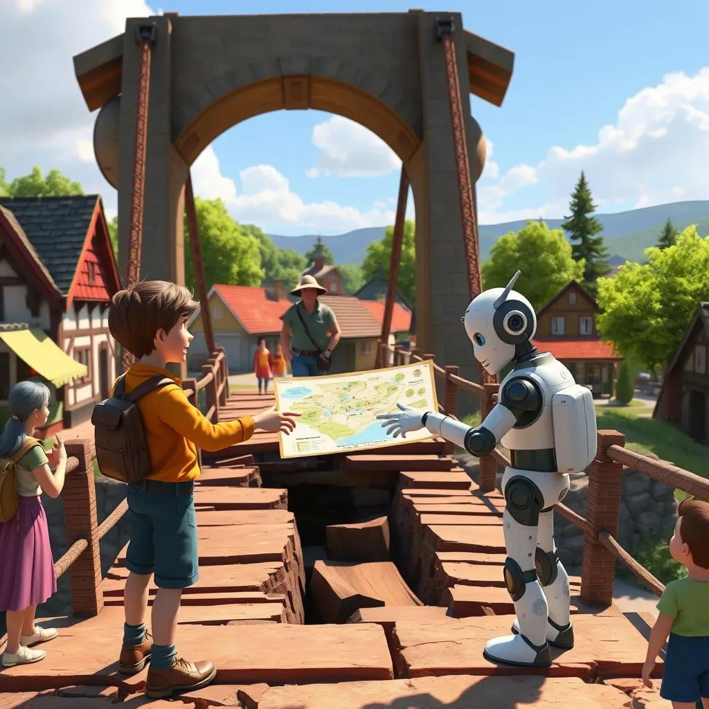 Image of A broken bridge in a small town, with Sam and AI Buddy pointing at the map and discussing the plan, townsfolk watching curiously, bright sunny day, colorful scenery, storytelling view