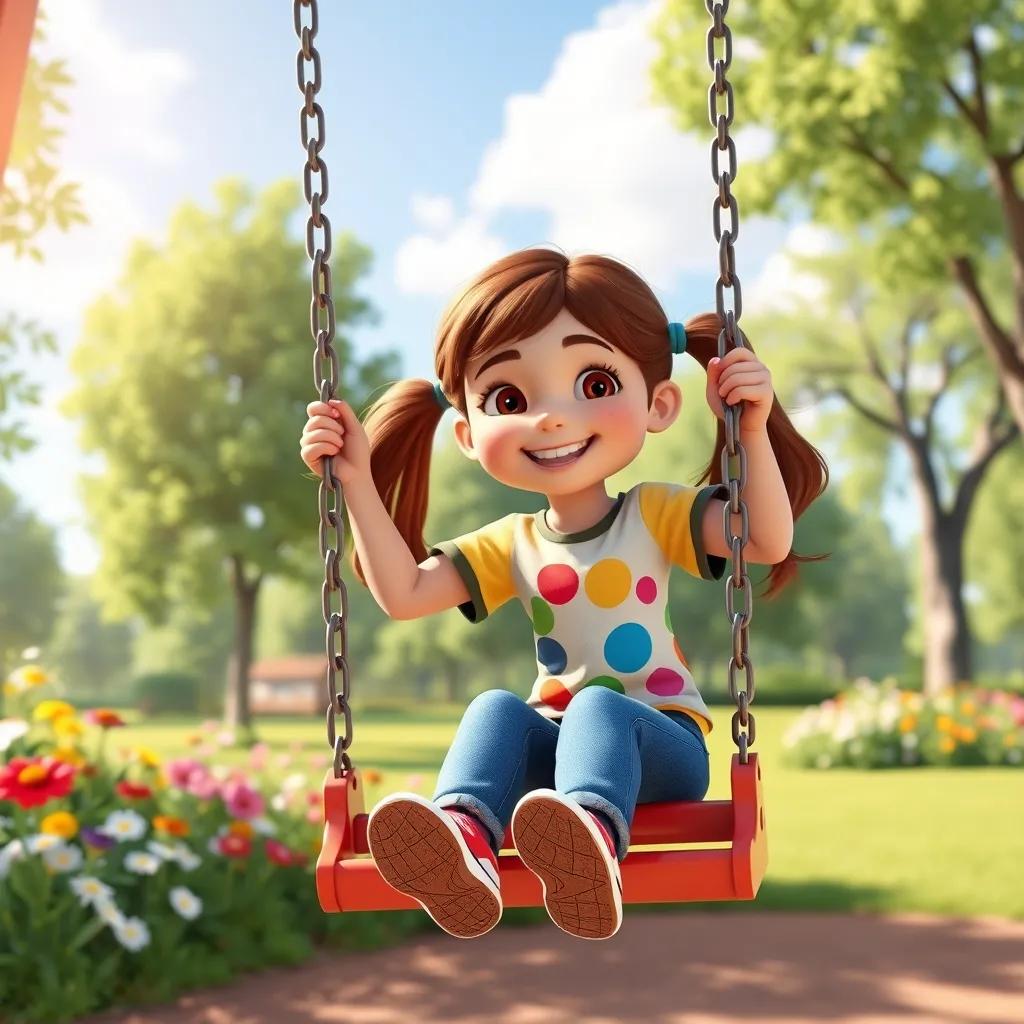 Image of A young girl named Sara, with brown hair in ponytails, wearing a colorful t-shirt and jeans, happily playing on the swings in a sunny park, surrounded by green trees and flowers, cheerful atmosphere, digital art, bright colors, lively scene, high quality