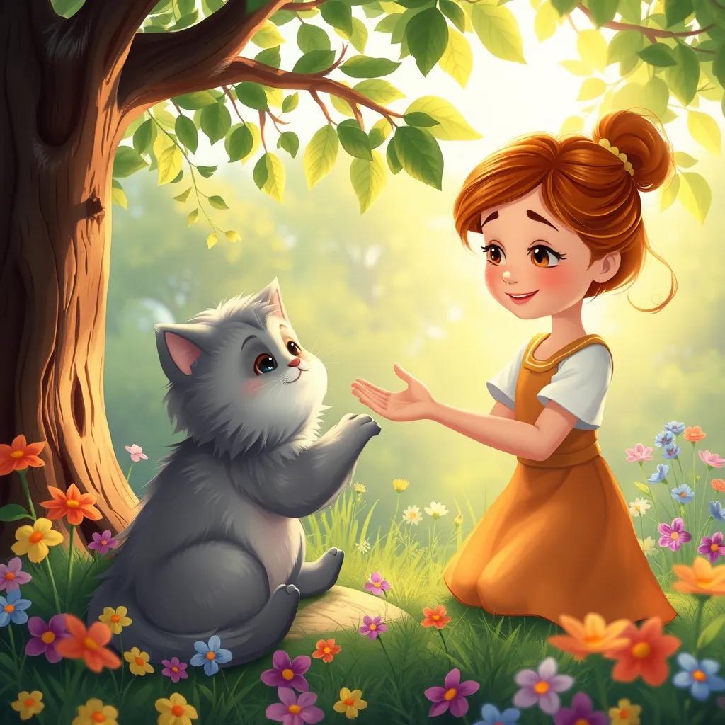 Image of Sara gently approaching a fluffy grey cat under a tree, smiling and reaching out her hand, with colorful flowers around, warm sunlight filtering through the leaves, child-friendly illustration, cozy feel, vibrant colors, high quality