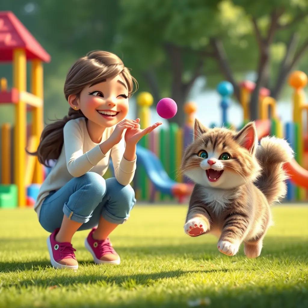 Image of Sara playing with the fluffy cat, throwing a small ball for it to chase, the cat running joyfully, laughter in the air, colorful playground in the background, playful scene, bright and cheerful colors, high quality