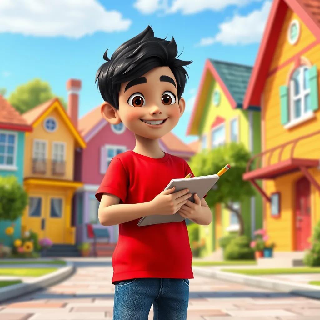 Image of A young boy, Ahmed, with black hair wearing a bright red t-shirt and blue jeans, standing in front of colorful houses in a friendly neighborhood, holding a notebook and pencil, bright sunny day, cheerful atmosphere, vibrant colors, joyful