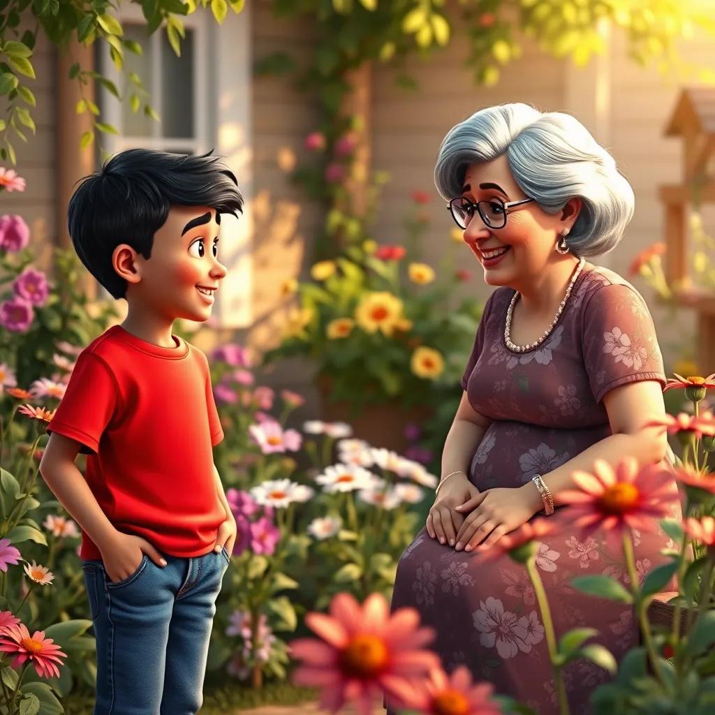 Image of Ahmed, a young boy with black hair in a bright red t-shirt and blue jeans, conversing with an elderly woman, Mrs. Fatima, who has gray hair and wears a floral dress, in a cozy garden filled with flowers, smiling faces, warm light, lively scene