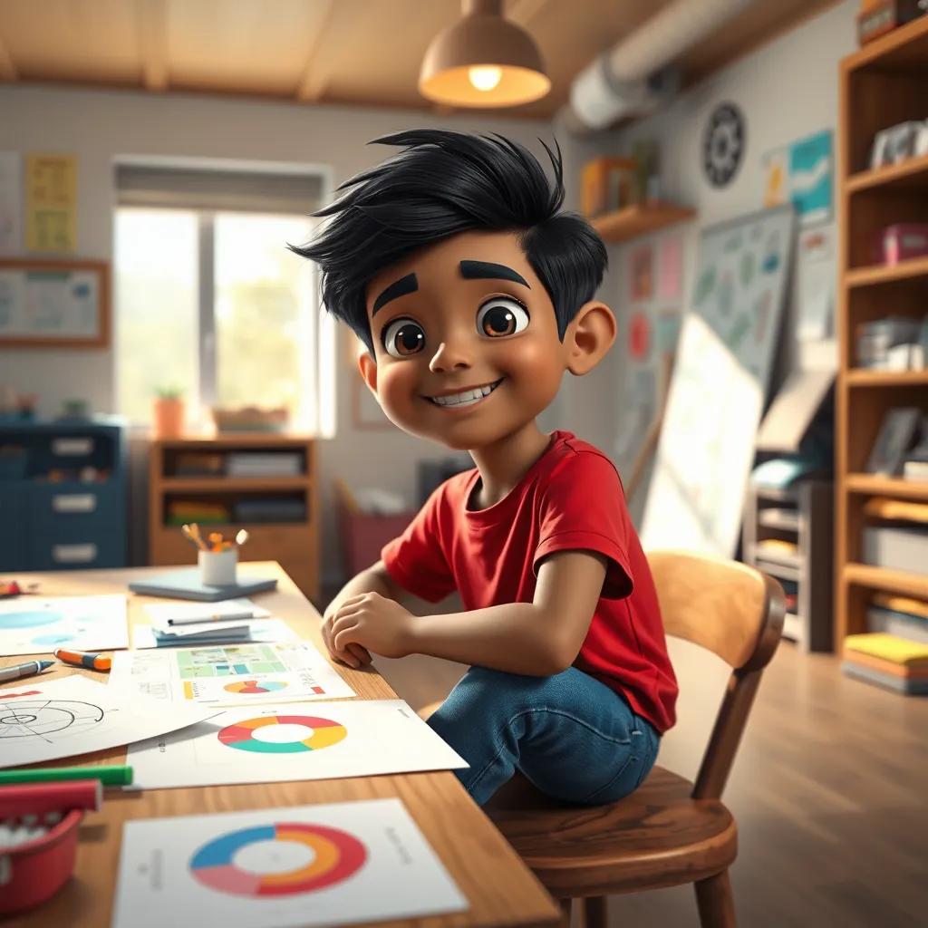 Image of Ahmed, a young boy with black hair in a bright red t-shirt and blue jeans, sitting at a wooden table covered with colorful charts, drawings, and notes, looking happy and focused, bright workspace, cheerful light, inviting environment, engaging perspective