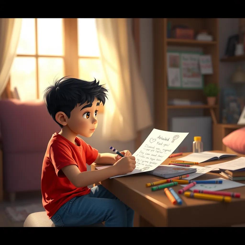 Image of Ahmed, a young boy with black hair in a bright red t-shirt and blue jeans, writing a letter at home, filled with drawings and words about his neighborhood's needs, surrounded by colorful crayons and papers, soft afternoon light, creative atmosphere, inspiring image