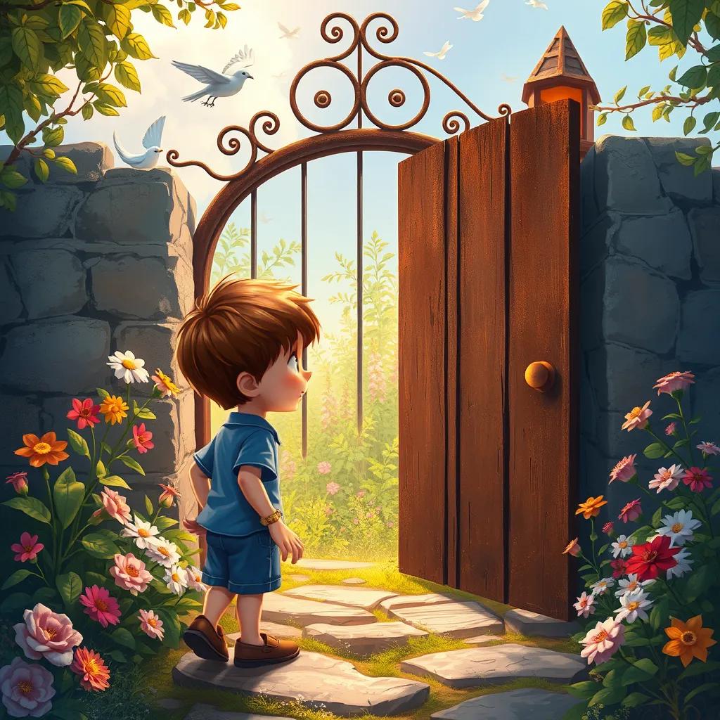 Image of Alexey, a small boy, with short brown hair, wearing a blue shirt and shorts, discovering an old rusty gate leading to a hidden garden, surrounded by flowers and birds, illustration, magical colors, enchanting atmosphere, warm light