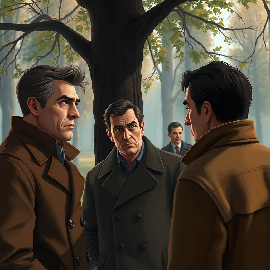 Image of Three serious men in brown coats talking quietly in the shade of the trees, with anxious expressions, while Alexey hides behind a tree observing them, digital painting, dramatic colors, tense atmosphere, focused perspective, detailed