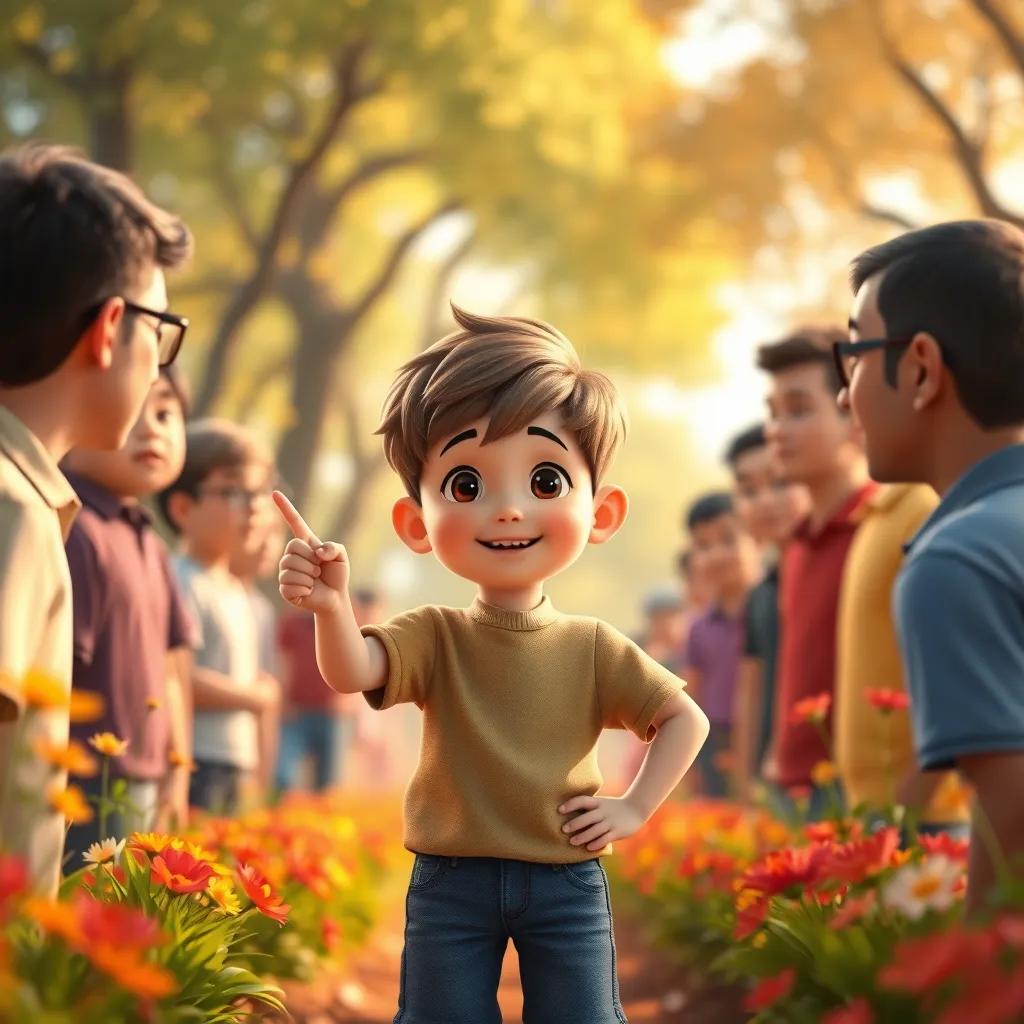 Image of Alexey, a small boy with short brown hair, standing confidently in front of the men, pointing to the flowers and trees, showing them how to protect nature, warm light, positive atmosphere, colorful scene, uplifting perspective