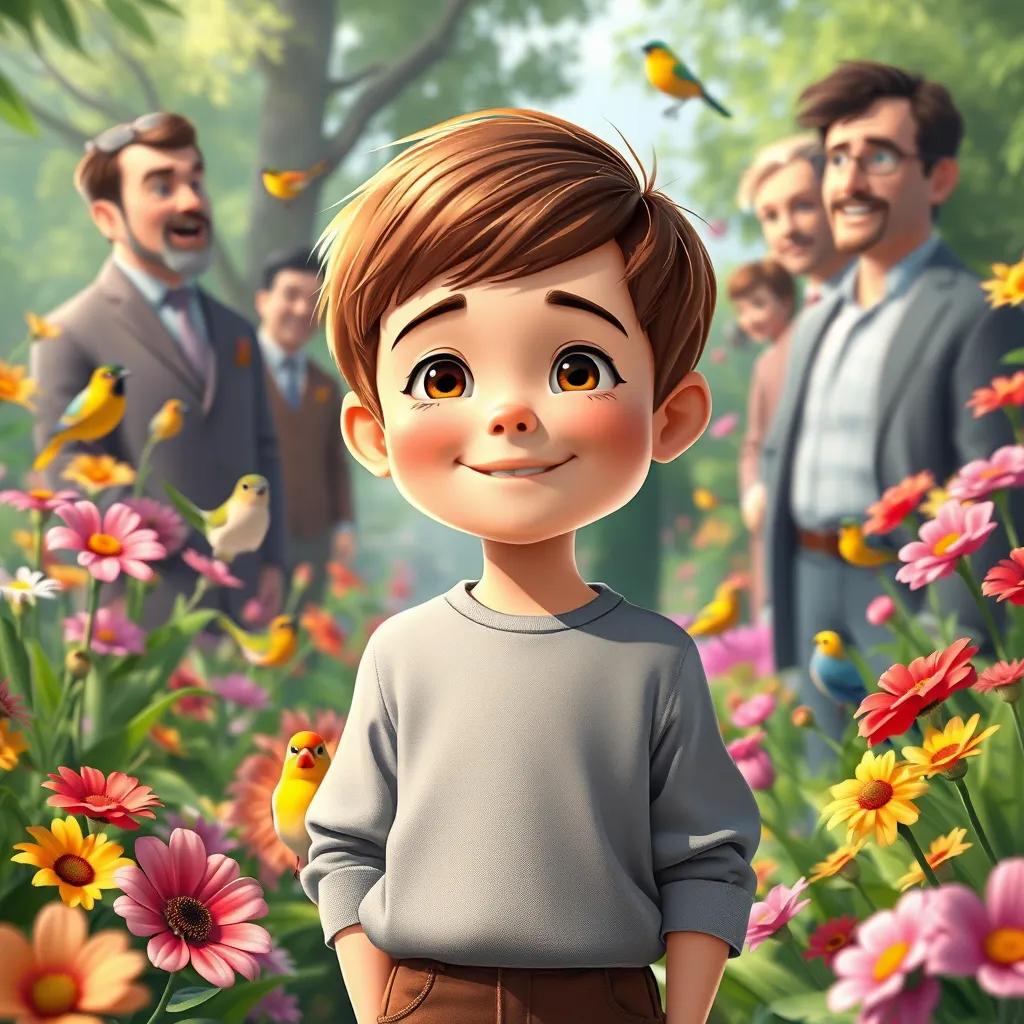 Image of Alexey, a small boy with short brown hair, smiling proudly, standing in the beautiful garden with the men, surrounded by colorful flowers and bright birds, illustration, joyous colors, heartwarming atmosphere, heroic perspective