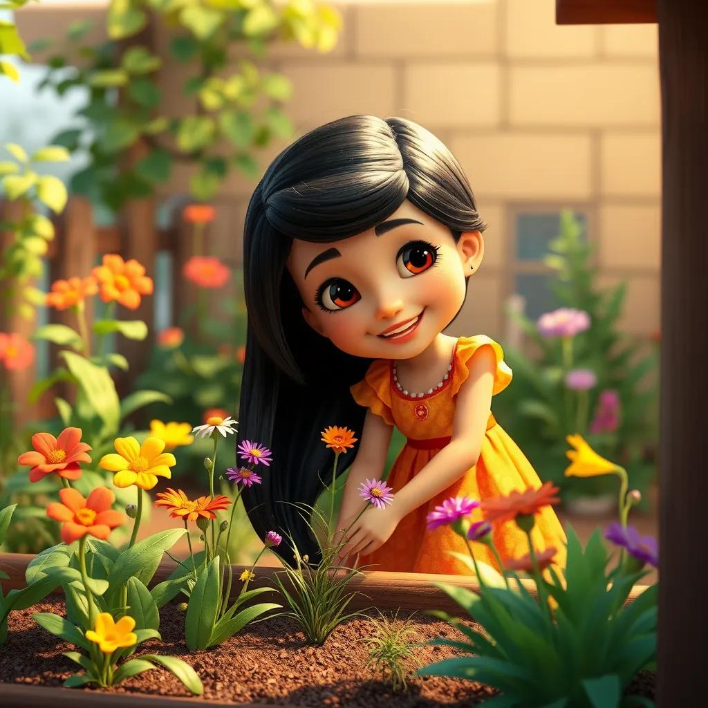 Image of A young girl, Amana, with long black hair in a bright dress, smiling as she helps her sitto in a small garden with colorful flowers and green plants, digital art, cheerful atmosphere, vibrant colors, high quality