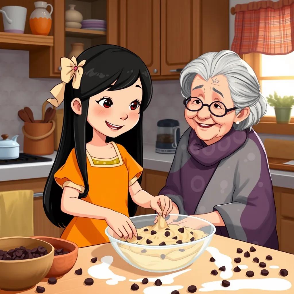 Image of Amana, a young girl with long black hair in a bright dress, mixing cookie dough in a cozy kitchen with her sitto, an elderly woman with gray hair in a patterned shawl, chocolate chips scattered around, illustration, inviting atmosphere, kitchen details, cheerful