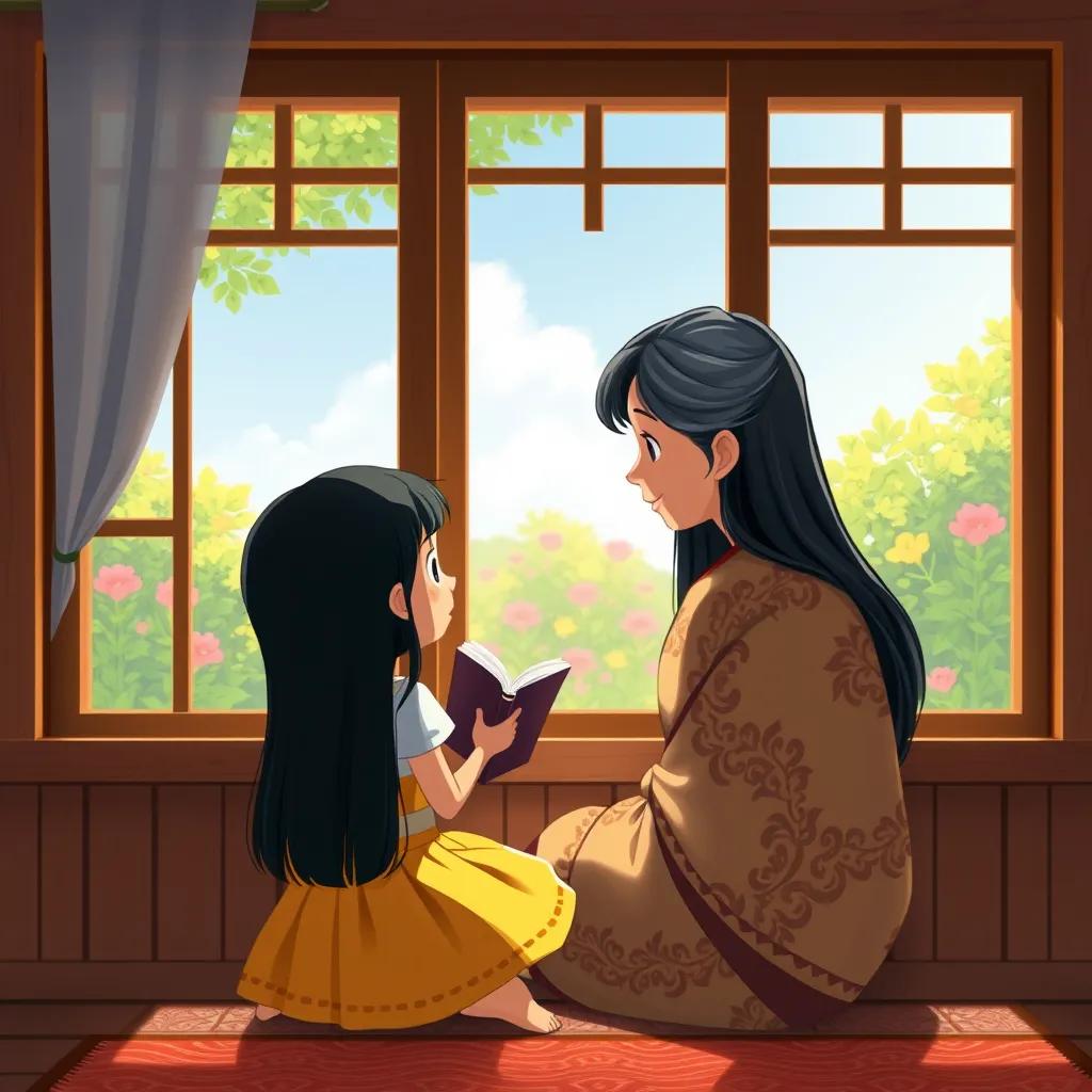 Image of Amana, a young girl with long black hair in a bright dress, sitting by a window with her sitto, an elderly woman with gray hair in a patterned shawl, sharing stories and looking outside at a beautiful garden, illustration, warm tones, storytelling vibe, heartwarming