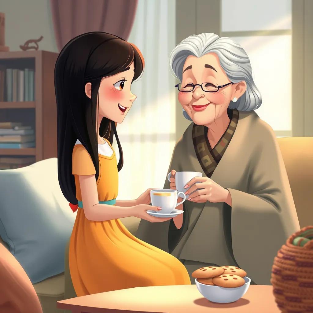 Image of Amana, a young girl with long black hair in a bright dress, sharing freshly baked cookies and tea with her sitto, an elderly woman with gray hair in a patterned shawl, in a cozy living room, illustration, soft light, happy atmosphere, uplifting scene