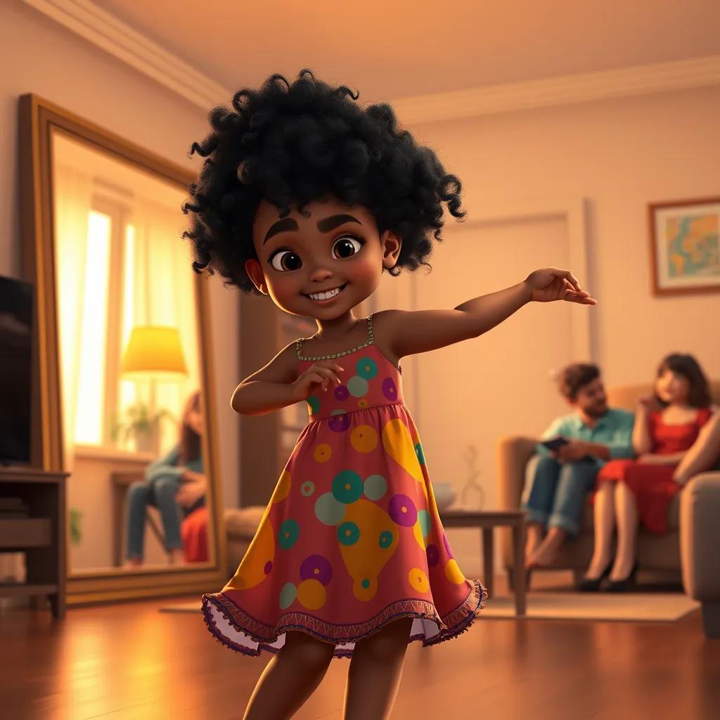 Image of A young girl, Amana, with curly black hair in a colorful dress, practicing her dance moves in the living room with a big mirror and family watching, warm light, cozy atmosphere, digital painting, heartwarming colors, inviting perspective, high quality