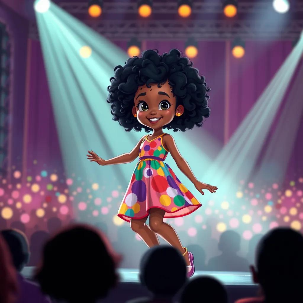 Image of A young girl, Amana, with curly black hair in a colorful dress, dancing confidently on stage with bright lights and an audience in front, shimmering background and colorful lights, thrilling moment, illustration, bold colors, dynamic perspective, high quality