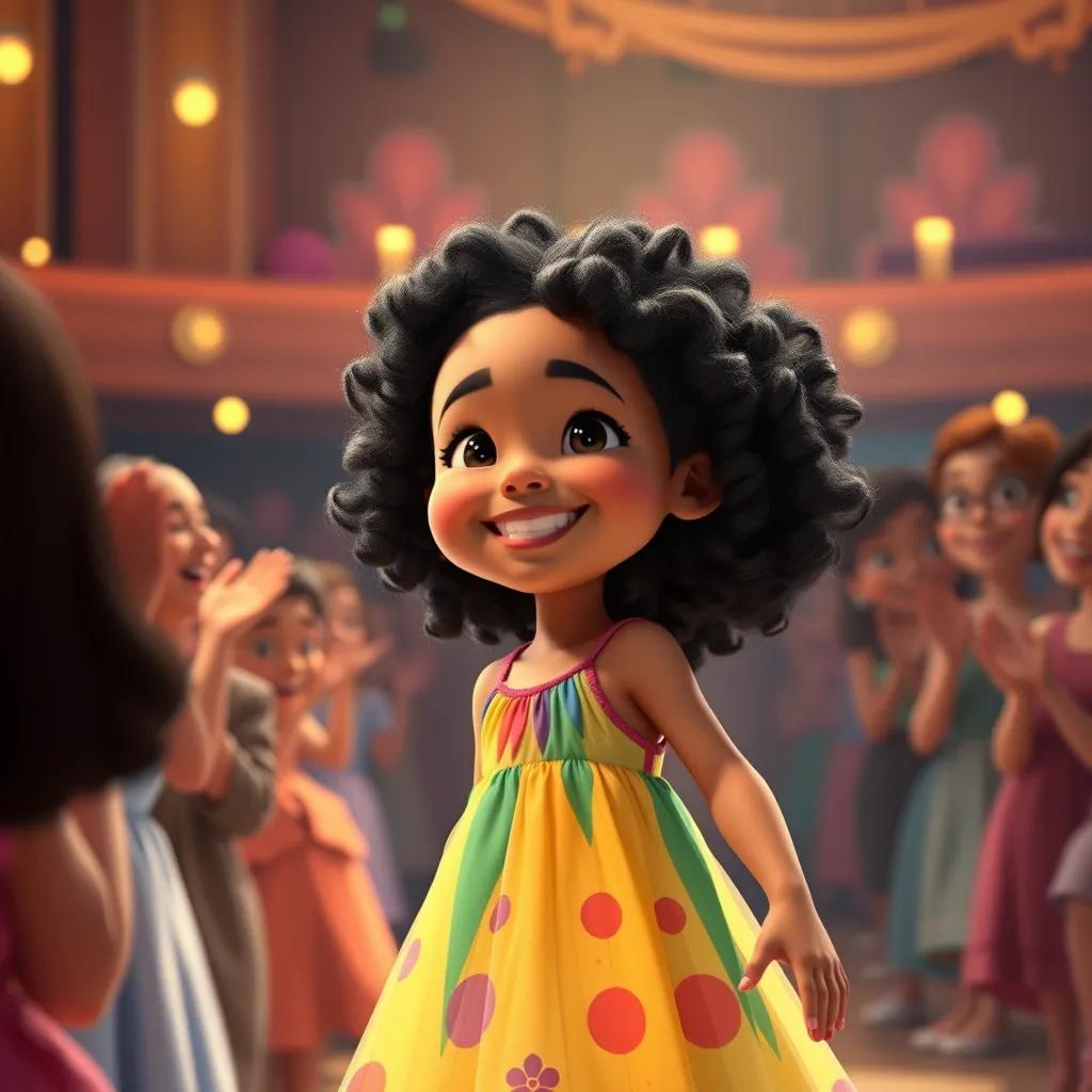 Image of A young girl, Amana, with curly black hair in a colorful dress, smiling and receiving applause on stage after her dance, happy faces in the audience, warm atmosphere with golden light, joyful scene, digital art, bright colors, uplifting perspective, high quality