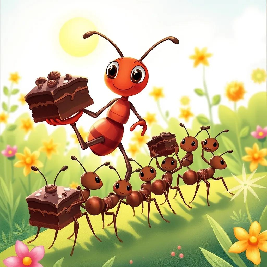 Image of Anty leading a team of tiny ants carrying small pieces of chocolate cake together, working as a team in a bright sunny garden, detailed illustration, cheerful colors, child-friendly, high quality